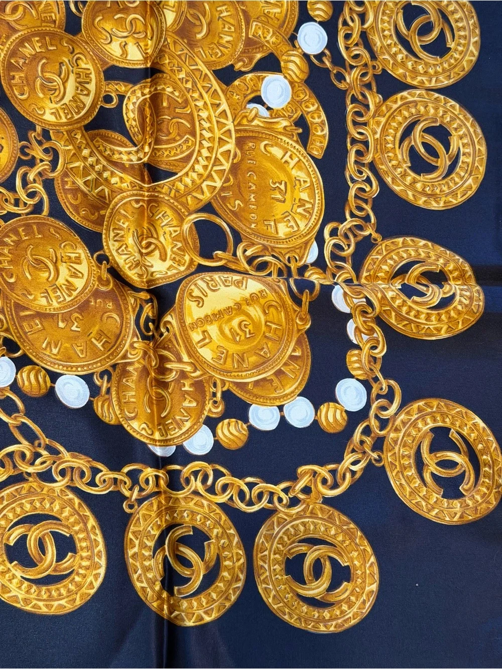 Chanel Navy & Gold Coin Print Silk Scarf